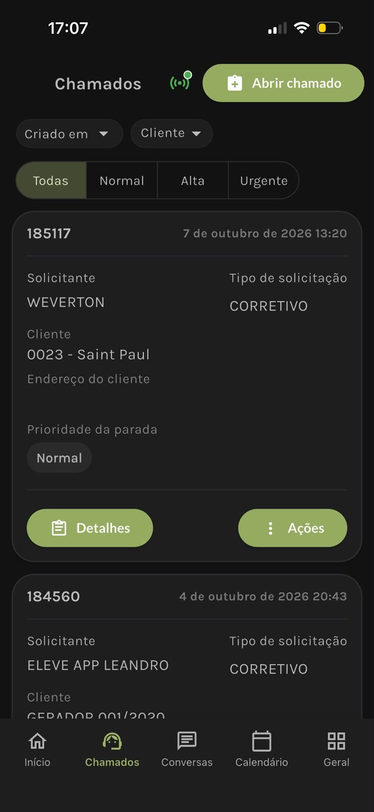 Chamados no aplicativo