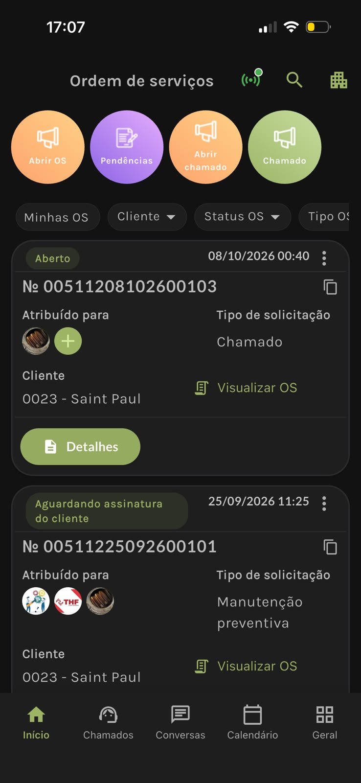 Ordens de serviço no aplicativo