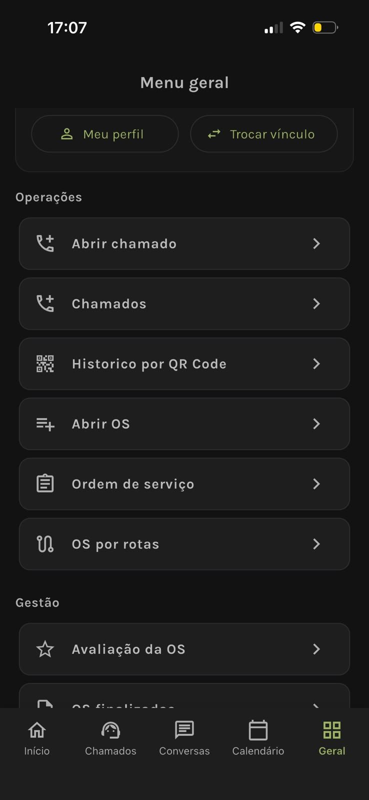 Menu geral do aplicativo