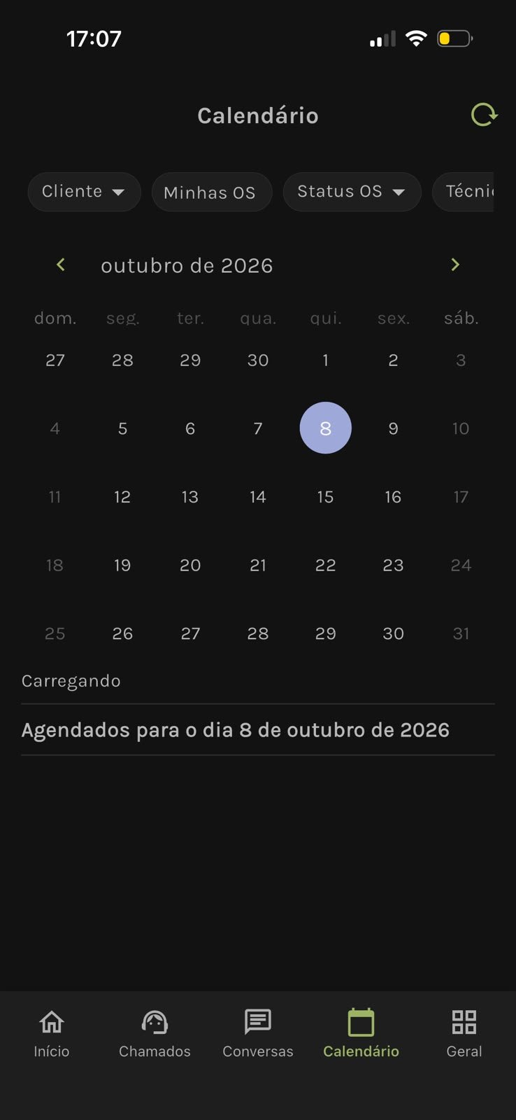 Calendário no aplicativo